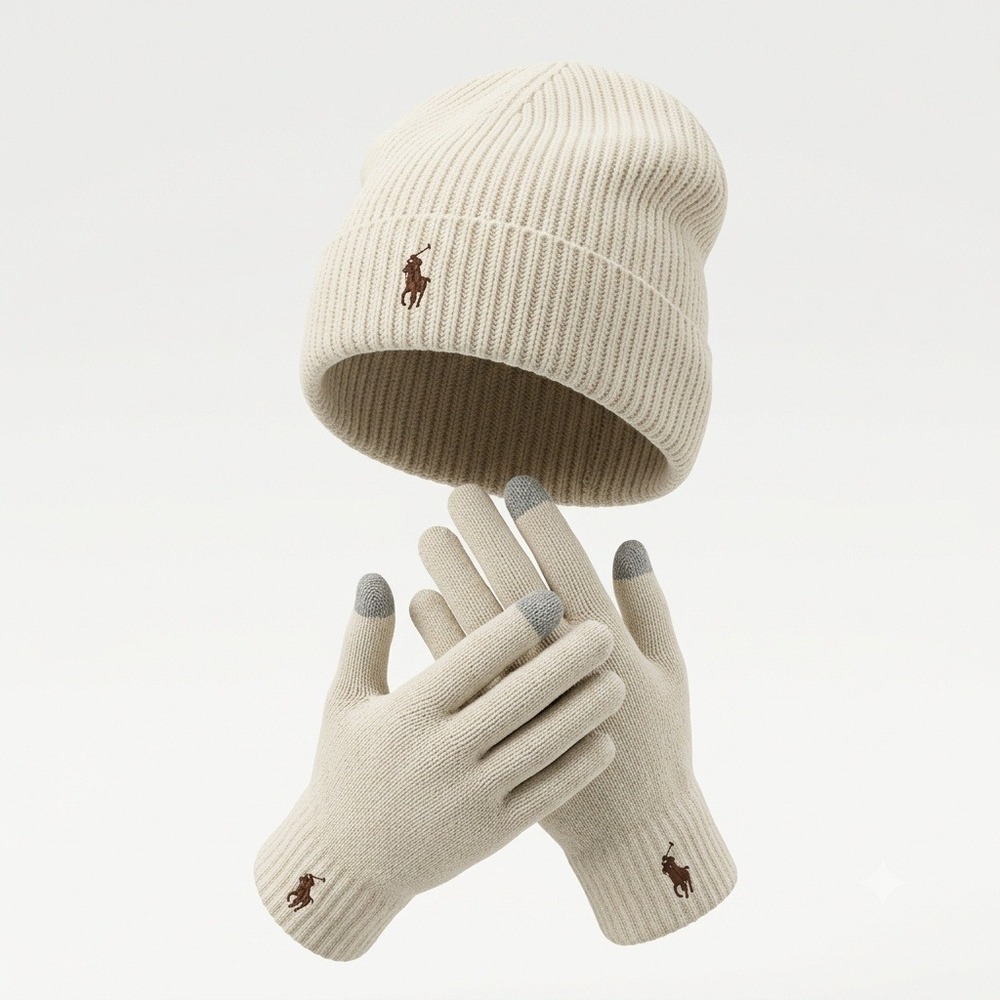 Polo Ralph Lauren Cream Ribbed Beanie and Touchscreen Glove Set Wool Blend OS
